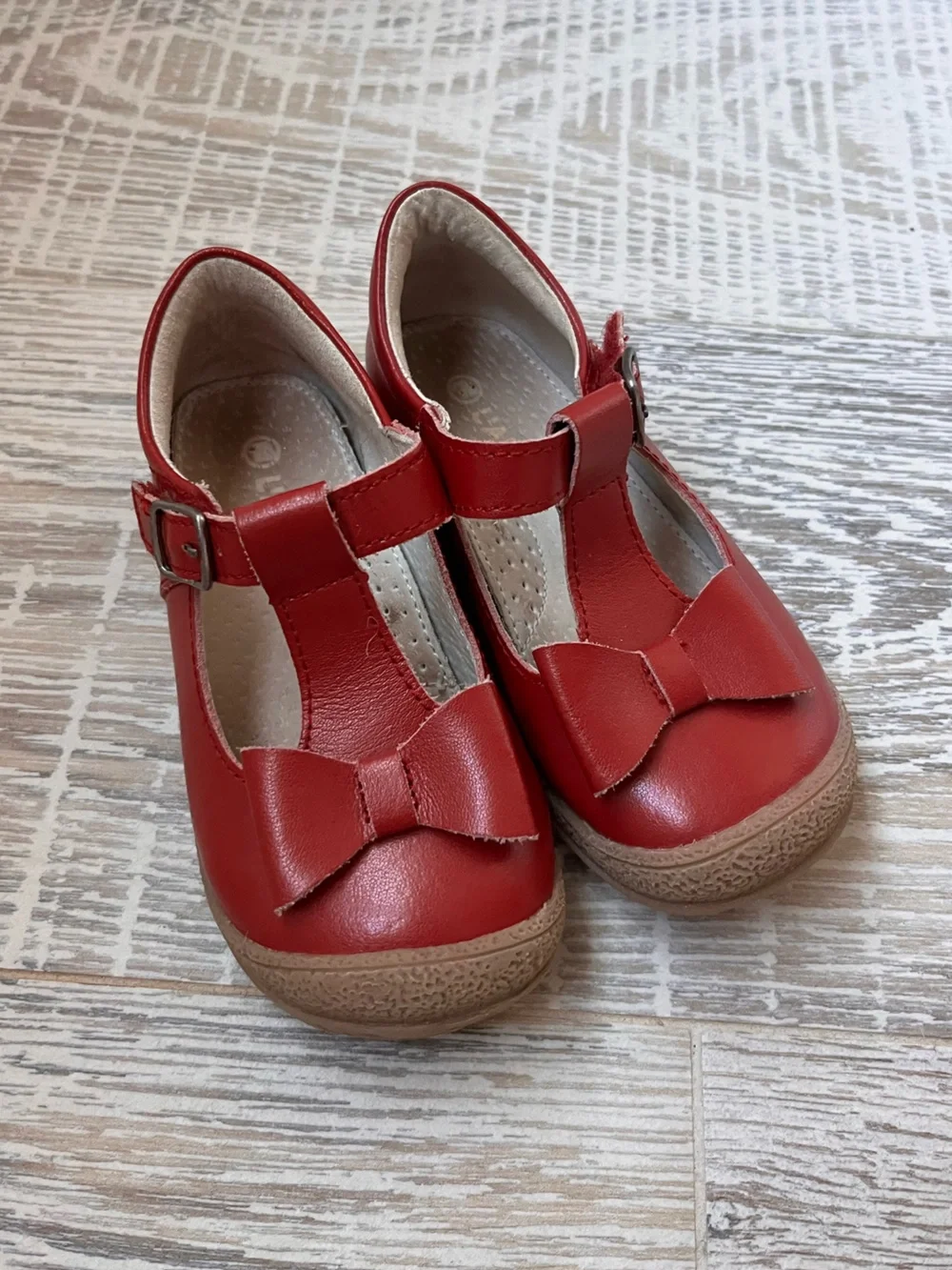 L’Amour Kids Red T-Strap Velcro Leather Shoes with Bow Accent Size 9